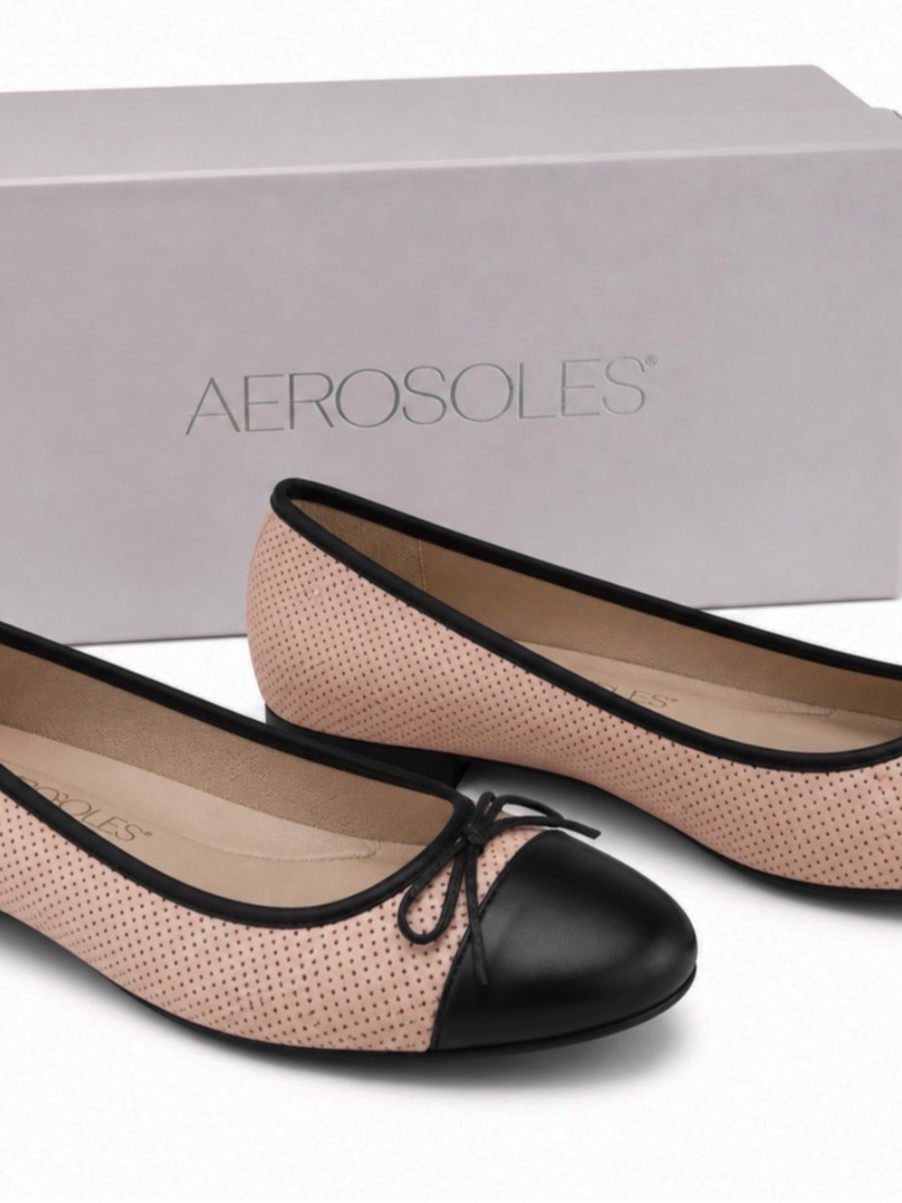 AEROSOLES Blush Perforated Ballet Flat with Black Cap Toe and Trim